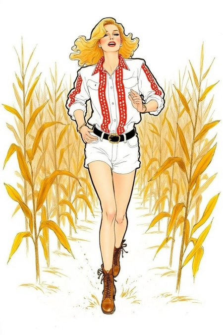 regr1 sketch of A blonde cowgirl in white short shorts running in a corn field, background is stark white <lora:regr1_fashion_nocap_d6a3:1.0><lora:807334224207229964:0>