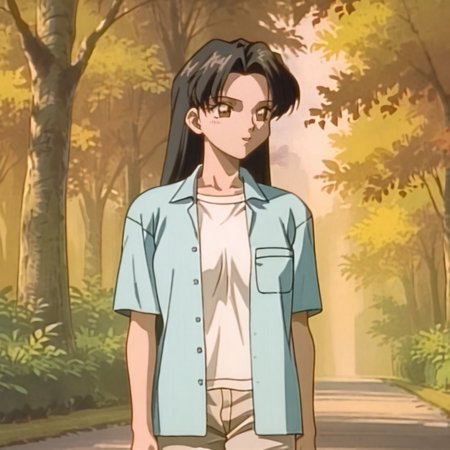 <lora:SakuraOVA_pony_v1:1>SakuraGreenJacket, 1girl, retro artstyle, white shirt, long hair, black hair, 1990s (style), short sleeves, open clothes, breast pocket, pants, cowboy shot