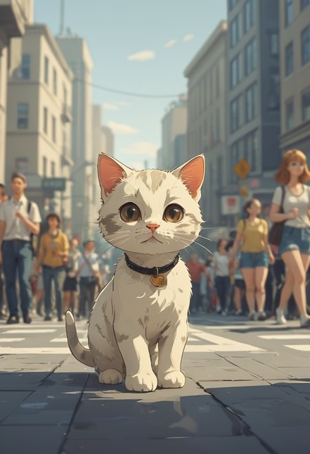 cute kitty crossing the crowded street, closeup, detailed, highres, masterpiece <lora:Modern_Cartoon_Style:0.7>