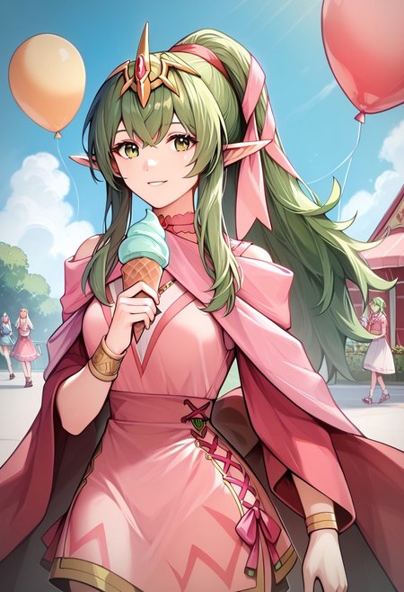 score_9, score_8_up, score_7_up, highres, (best quality:1.1), masterpiece, absurdes, multiple girls, utdoors, sky, solo focus, day, cloud, 1girl,  blue sky,balloon, roller coaster, mltikfdiv, gem, green eyes, green hair, hair ornament, hair ribbon, jewelry, long hair, pink dress, pointy ears, ponytail, pink scarf, red shawl, short dress, tiara, <lora:tiki-adult-take3-pdxl:1>, holding ice cream, walking and eating, smile, (upper body:1.1)