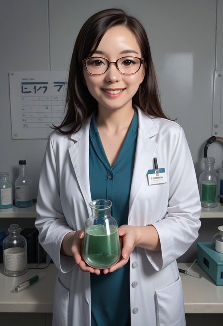 score_9, score_8_up, score_7_up, score_6_up, score_5_up, score_4_up, img, 1girl, realistic, asian woman, scientist, glasses,white lab coat, holding a glass flask with green liguid, smoke in the background illustration, smile, realistic, in a laboratory, intricate details zPDXLrl