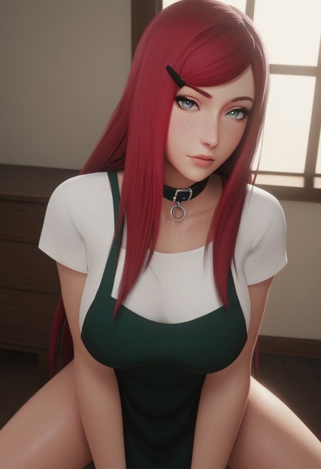 score_9, score_8_up, score_7_up, realistic, 
intimidate ambiance, dim lighting, ((adult))), focus on face, portrait, looking at viewer , from above, 25 years old,<lora:kushina-uzumaki-shippuden-anime-ponyxl-lora-nochekaiser_r1:1>, kushina, long hair, hair ornament, red hair, hairclip, grey eyes, swept bangs, shirt, dress, jewelry, white shirt, short sleeves, apron, bracelet, green apron, collar, large breasts, zPDXL3, 1woman, adult, voluptuous body, body freckles, dark skin, breasts, face, eyes, naughty look,  spread legs, kneeling, arched back, raised sexy, posing, nsfw, seductive, indoors, house, bedroom, window