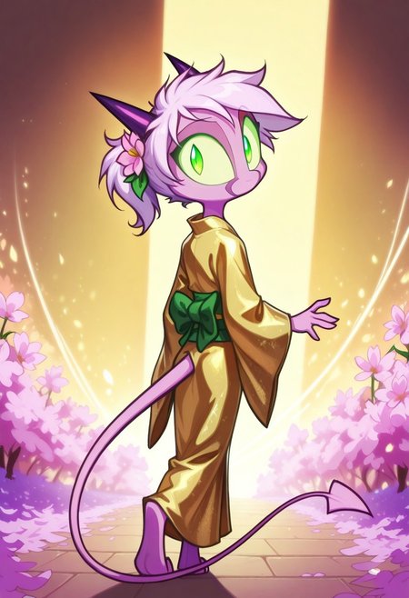 Dreamkeepers,1girl,Prelude_Namah,solo,demon tail, green eyes, horns, 
kid, child, 
masterpiece, best quality, good quality, very aesthetic, absurdres, newest, 8K, depth of field, focused subject, intricate linework with expressive contrasts, soft lighting with dynamic highlights, in a silk red and gold kimono, long bioluminescent hair, bangs, sakura flower in her hair, walking along a wooded trail, turning her head to look back at the viewer