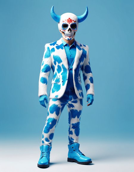 Spray paint style, Figurative DayGlo ("I'm a rebel just for kicks now, we've been dancing with the devil.":1.2) , it is dressed in Taiwanese made out of ral-moozkin, The made out of ral-moozkin is electric blue, Hazy conditions, equirectangular 360, Simple and clean, Manic, Suprematism, soft light, de dia los muertos, sleek, minimalist, <lora:ral-moozkin-sdxl:0.8>, perfect background, cinematic atmosphere, ambient atmosphere, fine artistic composition, aesthetic