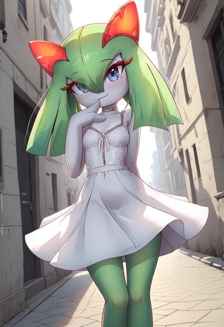 (((kirlia))), female, anthro, Rilex Lenov, masterpiece, best quality, highly detailed, score_9, score_8_up, score_7_up, score_6_up, score_5_up, score_4_up, horny, smirk, 1girl, Kirlia, green hair, pale white skin, blue eyes, cute dress, modern dress, red satin with black details, Expressiveh, g0thicPXL, perfecteyes, dynamic pose, unique angle,, Rilex Lenov artstyle, relaxed atmosphere,, sunny day, sunshine, sun, having fun, city street