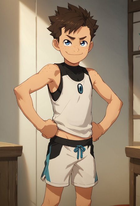 score_9, score_8_up, score_7_up,1boy, solo, cute boy, Koji, Blue Eyes, Brown Hair, Freckles, tank top, shorts, smug smile, hands on hips, Official Style,