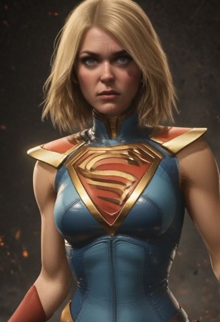 High resolution ultra-realistic of Beautiful Supergirl fighting against alien invasion, attractive body, cinematic style, capturing the intensity of the moment, dc comics, dramatic lighting, standing on a bloody and stormy battlefield in a fighting pose, fire, realistic combat costume, red mini skirt, perfect athletic figure, handsome dirty bloody face, wavy blonde hair, superheroine charming, beautiful perfect detailed pupils, wet oily shiny skin, beautiful firm Breasts, defiant and seductive, sexy 20 year old girl, 8k resolution concept art portrait by Greg Rutkowski