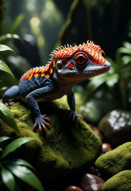 (cinematic lighting, extremely detailed, high detail, hires textures, incredibly detailed, intricate details, masterpiece, photorealism, true masterpiece,  Intricately designed), (jungle, rocks, plants, moss), (silver gecko:1.3, tail, black eyes, spikes)
