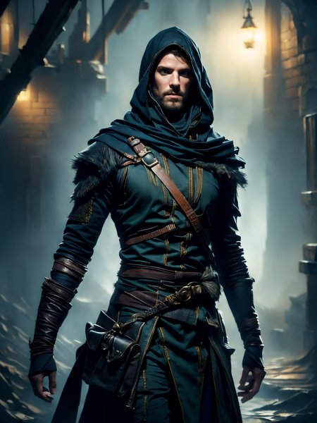 (masterpiece:1.2), (best quality,:1.2), 8k, HDR, ultra detailed, ((photorealistic)), perfect anatomy, professional light, cinematic lighting, fashion photography, ambient lighting, (DarkFantasy:0.6), (1man), a (male) rogue, wild hair, dark clothes, dark armor, FaRo, in Aurora Skybridge, 
<lora:add_detail:1>, FaRo <lora:FantasyRogues:1>,  <lora:FantasyRuins:0.9> FanRu