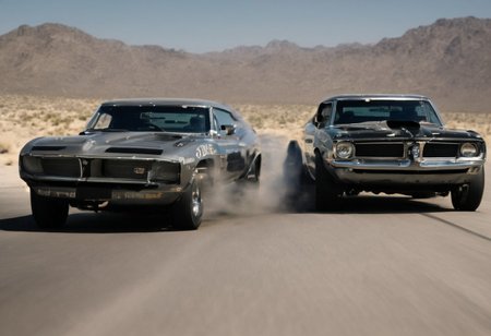 Create an ultra-detailed and realistic image of a race between 2 custom cars, created with parts from many muscle cars, with aerodynamic lines from 1972. The cars have tinted black windows. It is captured in motion with motion blur at full speed through a desert, daylight. Race between 2 cars. The photograph is captured with an Arri Alexa camera, with a zoom lens. <lora:Vintage Muscle Car SDXL:1>