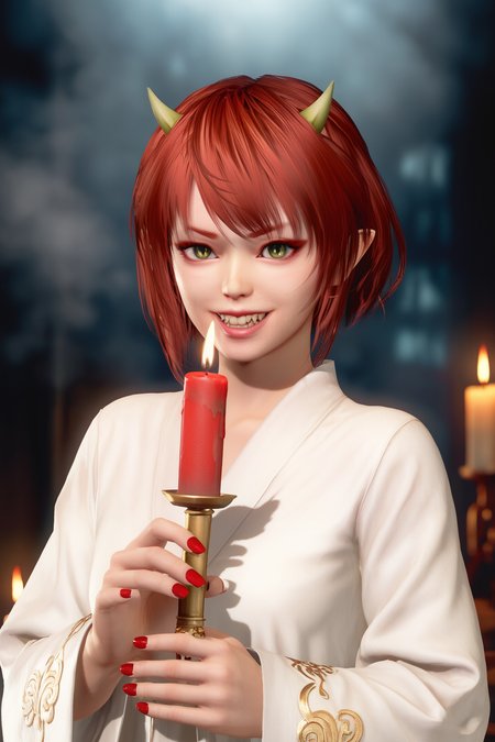 score_9,score_8,score_7_up,ultra detailed,realistic,high_contrast,  short hair, bob_cut,hair over one eye,blunt_bangs,  kanna \(doa\), 1girl, oni, red hair, oni horns, v-shaped eyebrows, red eyebrows, green eyes, slit pupils, black eyelashes, red eyeliner, pointy ears,blood_on_face, fangs_out, sharp_teeth, red nails,nail_polish,  flat chest, small breasts, white robe,white kimono,intricate gold embroidery, gold trim detailing, luxurious textile, flowing wide sleeves,  blood_on_clothes,  holding candle,looking at viewer,wide-eyed,fangs,crazy_grin,   upper body,front view, candle light,cinematic lighting,hdr,horror_\(theme\),fog, blur background,abandoned tomb,    <lora:doa_kanna_pdxl_v11:0.9000000000000001>