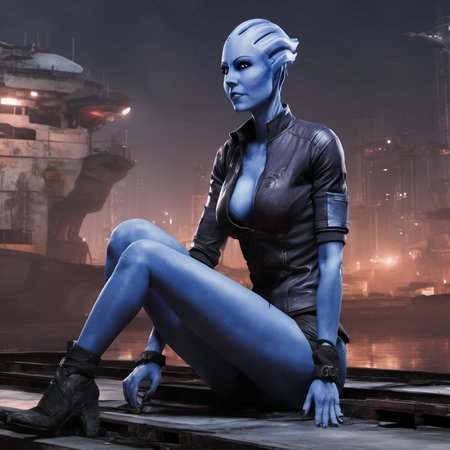 photo of a cyperpunk harbor with a angry Asari wearing rugged, dirty clothes sitting on a crate,  realistic <lora:asari-sdxl-test:0.8>