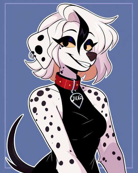score_9_up, score_8_up, score_7_up, score_6_up, by remanedur, furry female, female, furry, ear piercing, colored sclera, black eyes, dalmatian, white hair, streaked hair, sleeveless dress, black dress,  multicolored hair, collar, tail, medium breasts, black eyeshadow, looking at viewer, smile, happy, head tilt, solo, three-quarter view, simple background, white outline, <lora:Leah_Pines(AIM)_XL_v1:0.15> <lora:PDXL_artist_tags_v2_big:0.5> <lora:The-Minuscule-Task_PDXL_v1.0:0.6>  <lora:Ouija_shutupjen:0.65>