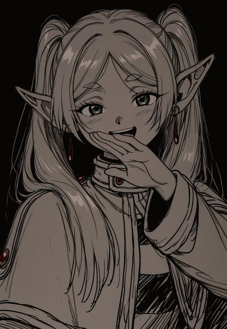 masterpiece, best quality, dark theme, 1girl,  1990s \(style\), 1994, traditional media, rough sketch, linear hatching, frieren, ojou-sama pose, laughing