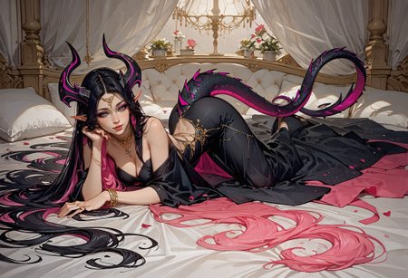 score_9, score_8_up, score_7_up,  full body, girl, milky skin, Black hair, very long hair, straight hair, colored inner hair, (pink inner hair:1.5), grey eyes, moles, bedroom eyes eyes, COLORED EYELASHES, colored eyelashes, expressiveh, femme fatale, horns, scales, dragon tail, seductive, glossy lips, jewelery, long dress, black dress, gold collar, gold rings   <lora:XL_wlop style(pony)-000060:0.32> <lora:Gothic Art 2 Style SDXL_LoRA_Pony Diffusion V6 XL:0.9><lora:Expressive_H-000001:1.0> <lora:colored_eyelashes:1.0>