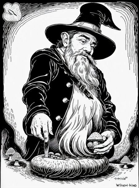 dwarf man holding a mushroom looting at mushroom happy, 2d, (black and white:1.3), clean line, (white background), Perfect hands, <lora:Tattoo_gen:0.4>  <lora:fantasyV1.1:0.6>, art by Al Hirschfeld