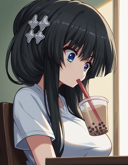 score_9, score_8_up, score_7_up, source_anime, <lora:senka-yorozu-s1-ponyxl-lora-nochekaiser:1>, senka yorozu, long hair, blue eyes, black hair, hair ornament, very long hair, large breasts,, <lora:bubble-tea-challenge-ponyxl-lora-nochekaiser:1>, bubble tea challenge, bubble tea, object on breast, drinking straw, drinking straw in mouth, drinking, cup,, indoors, sitting, looking down, , cowboy shot, dutch angle,
