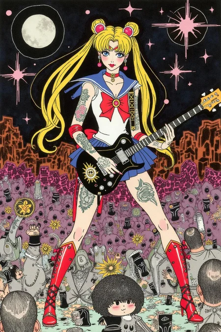 kaynielsen1 illustration.
 punk sailor moon playing a guitar at a heavy metal mosh pit, tattoos, piercing. 
 <lora:kaynielsen1_d8a4e12:0.8><lora:866146474096858402:0>