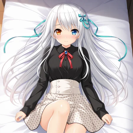 <lora:Amanogawa_Saya_2_nai-000013:1>,Amanogawa Saya,hair ribbon,aqua ribbon,white ribbon,hair ornament,
black shirt,long sleeves,collared shirt,neck ribbon,red ribbon,blue brooch,miniskirt,high-waist skirt,polka dot skirt,
1girl,solo,on bed,lying,on back,front view,looking at viewer,straight-on,knee up,blush,shy,arms at sides,