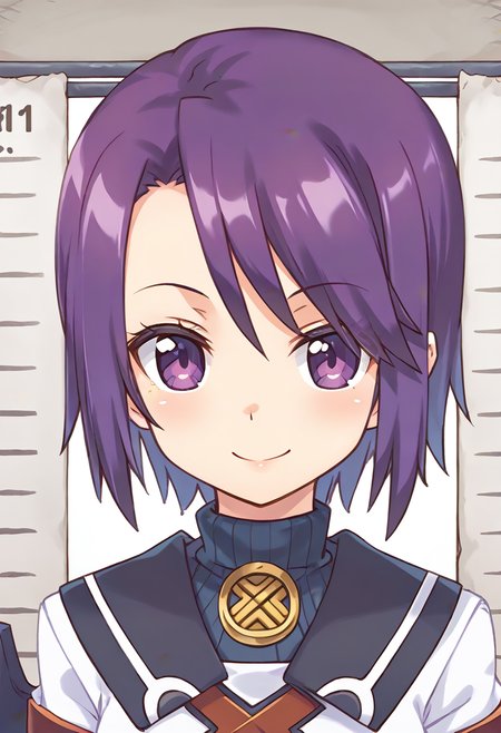 score_9, score_8_up, score_7_up, best quality, uncensored, source_anime,
BREAK
1girl, toris(sn2), purple hair, short hair, white dress, long sleeves, toris(sn2) outfit, purple eyes, purple pantyhose, gauntlets,  black shoes,
little smile, standing, mugshot, looking at viewer, upper body, indoors,
<lora:sdxl_lightning_8step_lora:1> <lora:toris(sn2)_XL(pony):1>