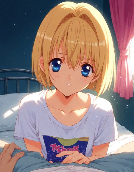 score_9, score_8_up, score_7_up, masterpiece, best quality, absurdres, official art, official style, (anime coloring, anime screencap, megami magazine, flat color:1.3), zPDXL2, zPDXLxxx,
<lora:Nanase_Aoi_Style_Pony_v1:1.0>, 1girl, solo focus, Nanase_Aoi_Style, early_nanase
bedroom, on bed, bed sheet, dim lighting, light particles, (pov:1.3), looking at viewer, dutch angle, 
, blonde hair, frown, blue eyes, indoors, shirt, sitting, hair between eyes, parted lips, short sleeves, red curtains, white shirt, upper body, t-shirt, curtains, short hair, collarbone, bed, bedroom, pillow, bob cut, pink curtains, sunlight