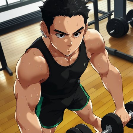 score_9, score_8_up, score_7_up, source_anime, official artstyle, by Ichan01 (IgnitionCrisis), 1boy, solo, short hair, yakuza hairstyle, exposed forehead, ear piercings , black eyes, concentration face, gym clothes, black tank top, sporty shorts, cowboy shot, lifting weights, sweat, gym, indoors, detailed face, from above