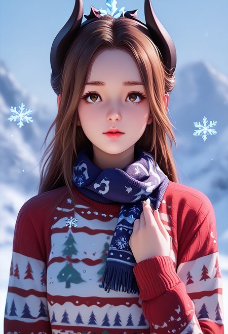 score_9, score_8_up, score_7_up, score_6_up, score_5_up, score_4_up, masterpiece, ultra-detailed, high resolution,
christmas_sweater,chuxue, Demon，
1girl, portrait, pink short-sleeved sweater with cute patterns, blue scarf, brown hair, slightly parted lips, looking charming, in a warm and cozy atmosphere, with delicate snowflakes gently falling around, six-pointed and crystal-clear snowflakes adding a touch of beauty, a cute and innocent demon girl, demon horns, beautiful and pure.