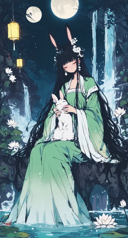 masterpiece, best quality, amazing quality, 1girl, solo, long hair, black hair, long sleeves, hair ornament, dress, holding, closed mouth, very long hair, sitting, closed eyes, flower, earrings, detached sleeves, wide sleeves, water, rabbit ears, tree, night, animal, chinese clothes, moon, white flower, full moon, green dress, rabbit, lantern, holding animal, waterfall, lily pad, lotus, hanfu, huge moon, Karinami Inkblush mode,thick ink outlines,soft marker gradients,era 2020s indie illustration,Inkblush style, grunge_anime_aesthetic <lora:noobai_ep11_stabilizer_v0.138_fp16:0.3> <lora:XXX667:0.6> <lora:96YOTTEA-WAI:0.6> <lora:grunge_anime_aesthetic_illustriousXL-000027:0.7> <lora:Karinami_Inkblush_mode_Illustrious_clean:0.5>