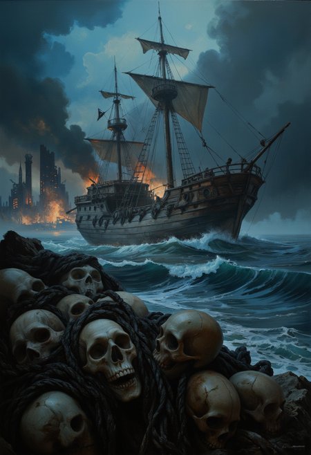 Dark post-apocalyptic seascape with a ghostly wooden pirate ship sailing through stormy waters. Burning wreckage in the background, magic towers shrouded in mist and smoke. Foreground shows human skulls entangled in ancient ropes. Cinematic lighting, dramatic shadows, dystopian atmosphere, high detail.