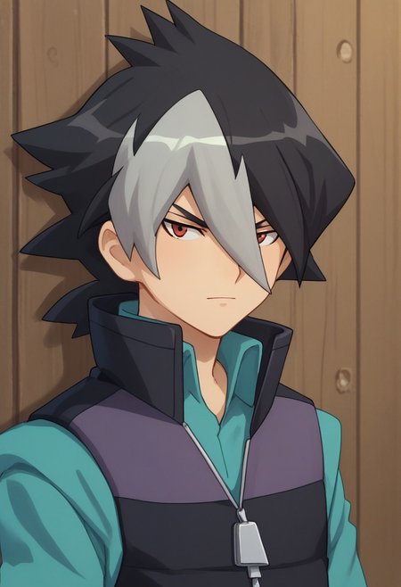 score_9, score_8_up, score_7_up, source_anime, highly detailed, 
kaidou, 1boy, male focus, solo, red eyes, multicolored hair, two-tone hair, black hair, grey hair, bangs, hair between eyes, hair over one eye, shirt, blue shirt, vest, popped collar, zipper, upper body,
outdoor,