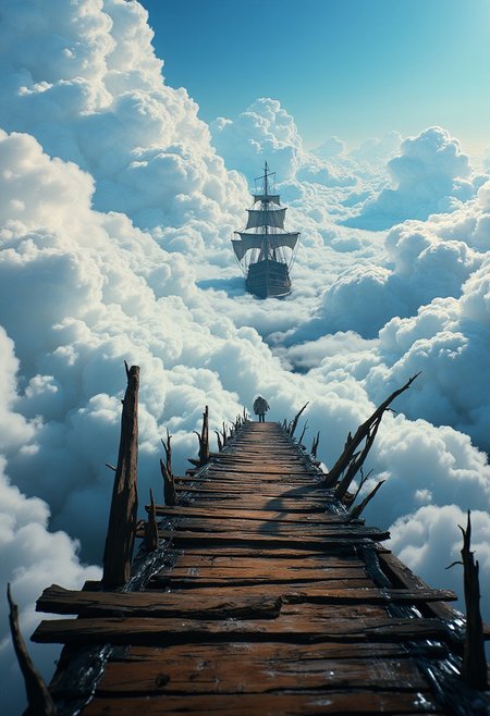 somewhere high in the sky. (huge milky clouds, wooden pier in the sky, wooden ladder leaning against the pier in the background, a wooden ship with white sails slowly sails away from the pier), (detailed) cinematic, (fantasy dreamy picture), film grain, loot, crazy details, intricate details, hyper-detailed, (close-up), (photorealistic)
