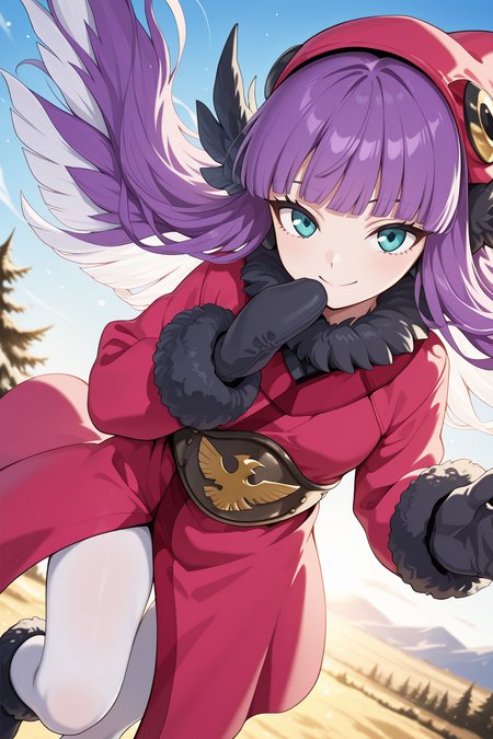 1girl,
MuushuWuuShinMegamiTensei,
safe, solo, dynamic angle,
long hair, hair wings, purple hair, multicolored hair,
white hair,
hat, fur trim, earmuffs, blunt bangs,
long sleeves, mittens, black gloves, coat, white pantyhose,
flying, looking at viewer, smile,
outdoors, blue sky,
<lora:kp_MuushuWuuShinMegamiTenseiIllustrious_v1_0:1.0>,
masterpiece, best quality, amazing quality