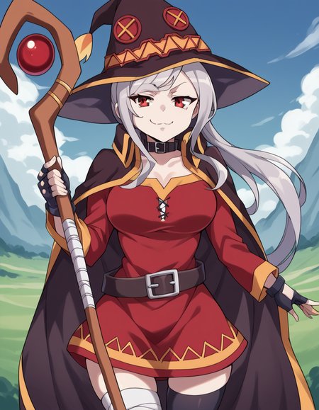 score_9, score_8_up, score_7_up, source_anime, <lora:shalltear-bloodfallen-s1s2-ponyxl-lora-nochekaiser:1>, shalltear, grey hair, long hair, red eyes, silver hair, large breasts,, <lora:megumin-cosplay-ponyxl-lora-nochekaiser:1>, megumin cosplay, megumin (cosplay), thighhighs, gloves, hat, dress, black gloves, belt, black thighhighs, fingerless gloves, cape, collar, witch hat, bandages, red dress, single thighhigh, asymmetrical legwear, bandaged leg,, staff, holding staff, smug, outdoors, looking at viewer, cowboy shot,