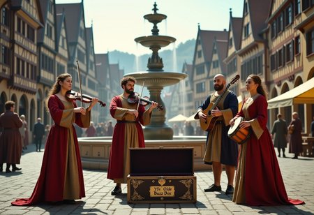 A small troupe of medieval minstrels, playing in the market square of a large medieval town. They wear quality medieval clothing, of the fine styles of lower nobility. There is a female flute player, a male lute player, a male vielle player, a male naker kettledrum player, and a female tambourine player. They play in front of the town fountain. In front of them is an open casket with ornate metal nameplate with "Ye Olde Buzz Box" written on it in a medieval-styled font. Medieval city with Tudor and Fachwerk houses and buildings, and Byzantine and early Gothic temples, banks, and other significant buildings. The city, and everyone in it, are from the medieval period. Panoramic, post-processed, cinematic still. High-quality, ultra-detailed, 8K, aidmamj6.1