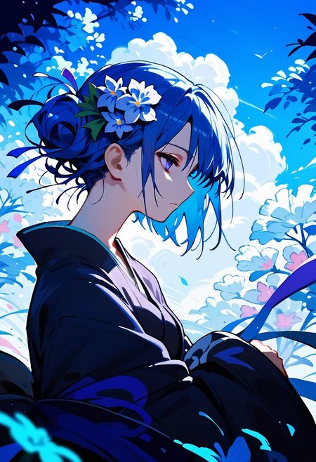 score_9, score_8_up, score_7_up, HENRIETTE MYSTERE,
1girl, solo, hair ornament, blue hair, purple eyes, flower, japanese clothes, hair flower, kimono, profile, black kimono