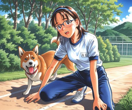masterpiece, best quality, amazing quality, , 1girl, solo,  gym uniform, pants, outdoors, medium hair, glasses, <lora:Kurita Yuugo style ILL-v2:1.2> kuritayuugo, dog,