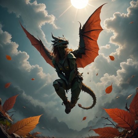 score_9, score_8_up, score_7_up, score_6_up, score_5_up, score_4_up, an flying  dragon made of leaves, in cyber space, WORLD MORPH LEAVES , full of leaves, RED LEAVES