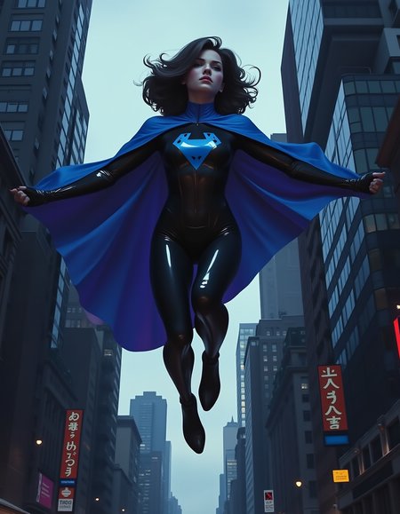 The superhero leaps through the air, their cape streaming behind them like a banner.
* Camera angle: Dynamic high-angle shot looking up at the subject, emphasizing their incredible acrobatic skills
* Lighting: Cool blues and purples from the setting sun, casting long shadows across the city streets below
* Composition style: Symmetrical reflections in the windows of adjacent skyscrapers, with leading lines defined by Echo's trajectory
* Pose: Echo is in mid-air, arms outstretched and legs tucked tight, with a look of focus on their face
* Surroundings: A sprawling metropolis stretches out behind Echo, with towering buildings and bustling streets
* Background: Deep blues and grays from the clouds and distant buildings, with subtle hints of neon lights reflected off the wet pavement