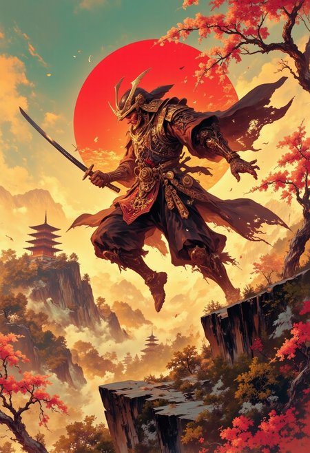 A captivating digital painting depicting a fierce samurai warrior mid-leap, suspended in an intense moment of combat against a shadowy opponent, his katana slicing through the air with fluid precision. His traditional armor, lacquered in deep crimson and gold, catches the fiery glow of the setting sun, casting elongated shadows and vibrant highlights across intricate patterns and textures. The background reveals an ancient Japanese temple atop a mist-covered mountain peak, its silhouette framed by cherry blossoms swirling gracefully in the turbulent wind. Warm amber and scarlet tones dominate the scene, creating a dramatic yet poetic atmosphere that emphasizes courage and honor amidst conflict. Dynamic pose, dramatic sunset lighting, traditional Japanese art style.
 Intricate linework with expressive contrasts, low-key lighting with cool shadows dynamic highlights. In the style of ff-td, DB4RZ, DB4RZ style painting