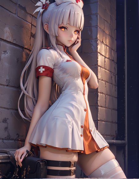 score_9, score_8_up, score_7_up, score_6_up,source_anime, masterpiece, BREAK, 
1girl, solo, Vicineko, 3d, long hair, hair ornament, orange eyes, red eyes, medium breast, blunt bangs, wide hips, nurse suit,  asymmetrical thighhighs, thigh holster, thigh strap on one leg, skindentation,, sideboob, 

Taking a pottery class,standing, facing camera, hand on face,white brick wall, soft shadows, neutral tones,At the Midnight Masquerade