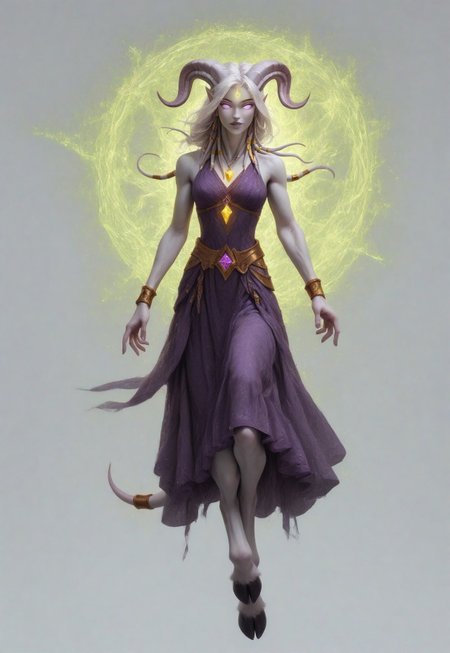 (absurdres, highres, best quality, masterpiece:1.4), 
score_9, score_8_up, score_7_up, score_6_up, 
detailed, 
detailed body, 
detailed face, 

(culDraenei, 
female, 
purple eyes, 
no sclera, 
no pupils, 
athletic, 
tall, 
slim, 
pale skin,
grey skin, 
long ears),

loose long purple dress,  
yellow pendant, 
sleeveless, 
magical spell, green aura, 

cheerful, 
(((full body))), 
posing, 
floating, 

(((white background, plain background))), 
(((no objects in background)))