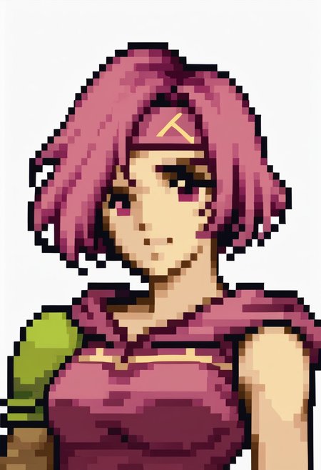 score_9, score_8_up, score_7_up, source_anime, 1girl, solo, smile,
<lora:zs_FE4PortraitsXL:1> fe4portraits, portrait, pixel art, white background
, <lora:NSNeimiFE8:1> NSNeimiFE8, short hair, pink eyes, headband, single pauldron, pink hoodie, sleeveless, asymmetrical clothes