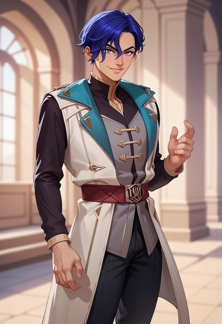 score_9_up, score_8_up, score_7_up, score_6_up, (realistic, photography, explicit photography) dynamic pose, 1boy, solo, BREAK, 
b4pt1st3,, short hair, hair over one eye, bangs, blue hair, blue eyes, , long sleeves, belt, coat, shirt, black pants, shoes, coat,  vest, standing, smiling, charming