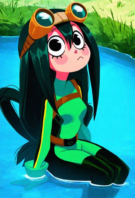 justinecunha, masterpiece, best quality, pastel,  solo,   Tsuyu Asui, detailed face, detailed eyes, textured, sitting in water, water pond,  sultry, big eyes, black hair, GREEN BODYSUIT, GOGGLES, small breasts,