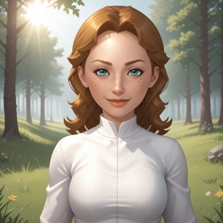 score_9, score_8, BREAK, solo, wii, mii, 1girl, female mii, green eyes, freckles, dark blonde hair, lips, white clothing, white pants, shoes, cute, nintendo mii, modern_mii, classic_mii, breasts, kathrin_(\wii_sports\), wii sports, sexy pose, smile, outdoors, sunlight, shadows, evening lighting, natural lighting, forest, trees, grass, orange sky, sunset