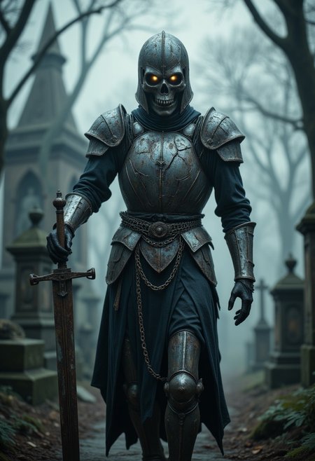 "A cursed knight, clad in cracked, ancient armor, wanders through a fog-drenched graveyard, his hollow eyes glowing faintly. His skeletal hands clutch a rusted sword, its blade forever stained with the blood of the innocent. The chains wrapped around his body rattle as unseen spirits whisper their torment in the wind."
   , aidmamjv7, aidmaHyperrealism, aidmaimageupgrader