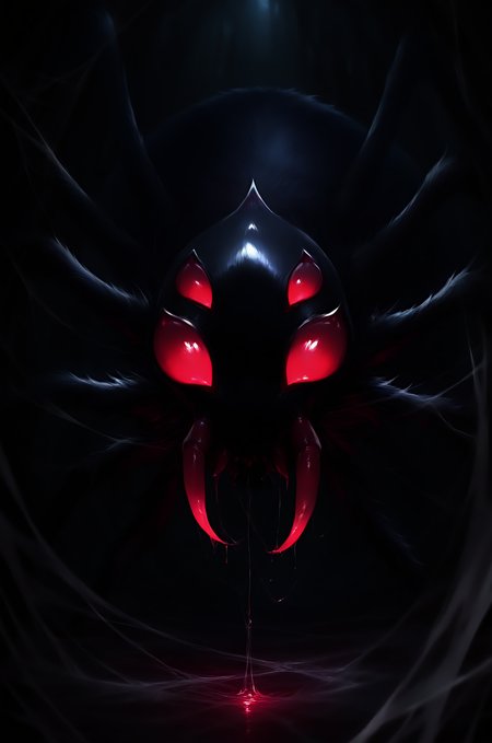 no humans, spider, general, glowing eyes, spider web, looking at viewer, saliva, monster, dark night, shiny, (fur:1.3), cave, red eyes, animal focus, dark, close-up, silhouette, masterpiece, best quality, very awa, newest, <lora:ponyv5_noobV065S_1_adamW-000013:1.00>