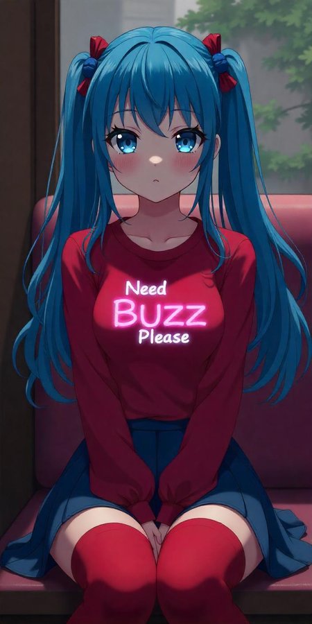 Score_9, Score_8_up, Score_7_up, source_anime, front view, 1 young woman, solo, full lips, blue eyes, blue hair, pigtails, long hair, bangs, blue scrunchie, hair ornament, red barrette, red headband, medium breasts, red ribbon, red shirt, long sleeves, blue skirt, red thigh-high boots, sitting, indoors, sweaty skin, round butt, anime masterpiece, soft lighting, intricate, highly detailed, pixiv, anime art, 4k, art from your name anime, garden of words style art, high quality, Writing on her top "Need Buzz Please" in lighting neon