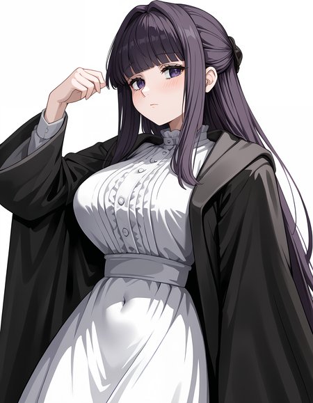 <lora:Frern:1>f3rn, 1girl, white dress, long hair, white background, simple background, covered navel, long sleeves, black coat, closed mouth, looking to the side, blush, hand up, frills, frilled collar, long dress, black robe, open clothes, half updo
