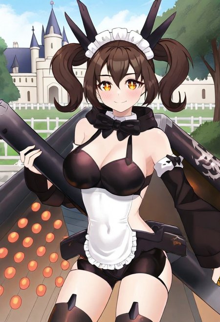 (masterpiece) ,best quality,amazing quality,very aesthetic,absurdres,newest, anime style, BREAK BM_Kanna,  maid outfit, cute blush, smile, holding broom, castle, looking at viewer